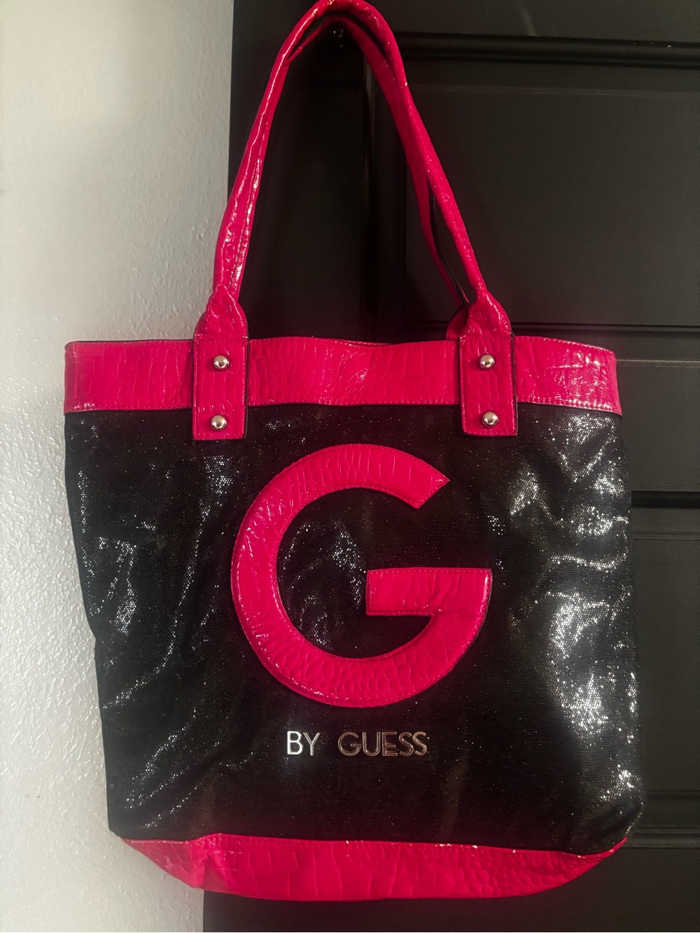 Guess Black Tote with Hot Pink Logo and Trim